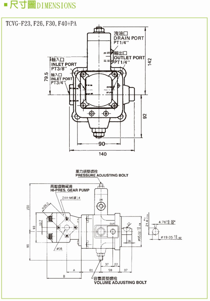 TCVG-F23,F26,F30,F40＋PA _Vari-Disp. Vane Pumps & Gear Pumps_IMENSIONS / PERFORMANCE CURVE